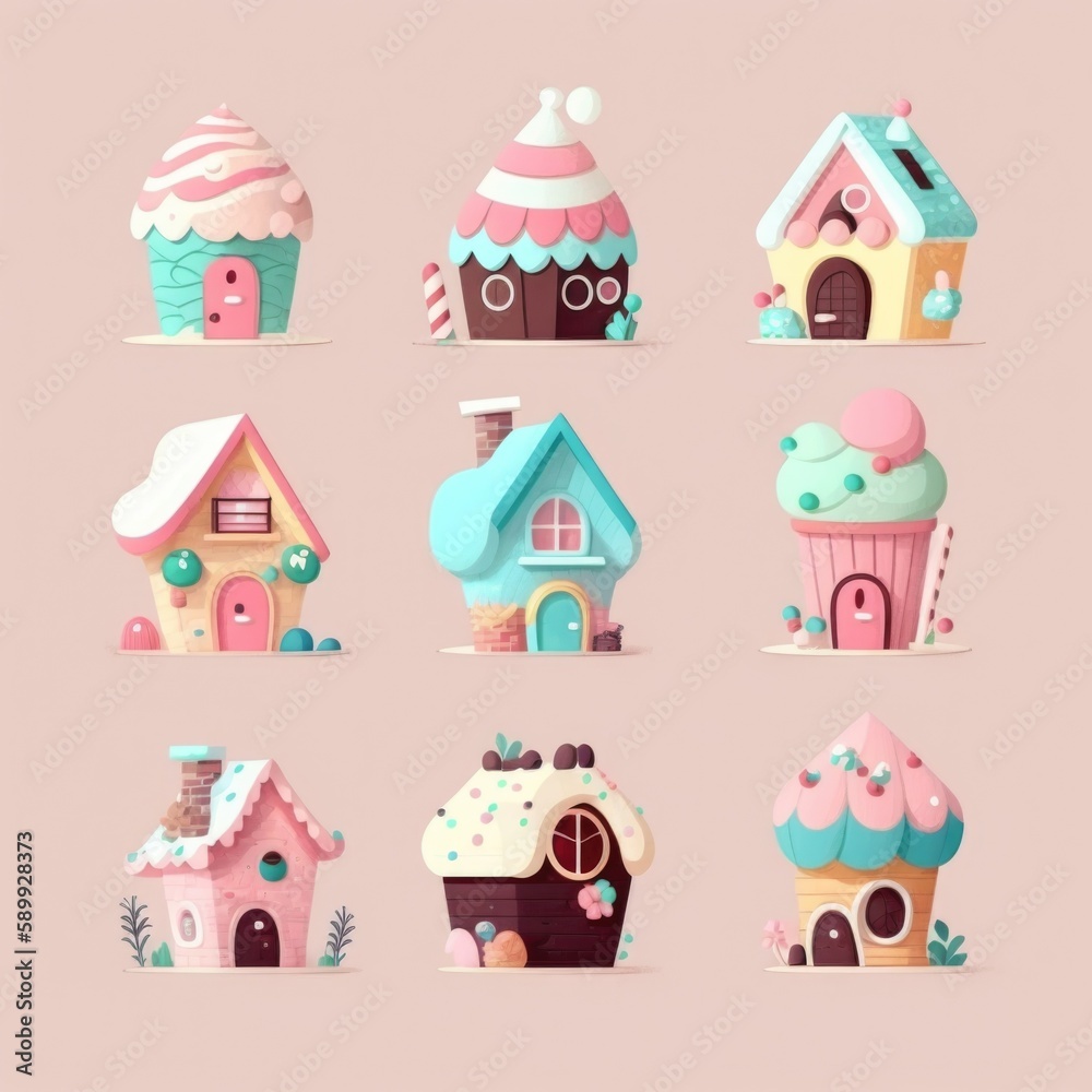 Cartoon-Style Candy-Shaped Cottages: A Collection of Adorable Delights