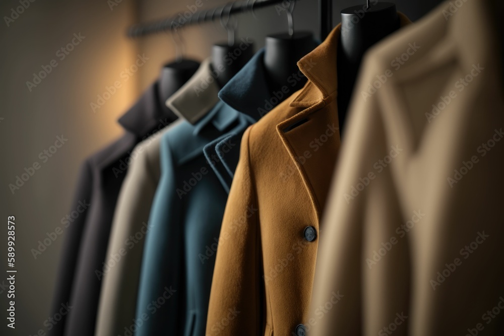 Mens Coats Hanging in a Retail Store - obrazy, fototapety, plakaty 