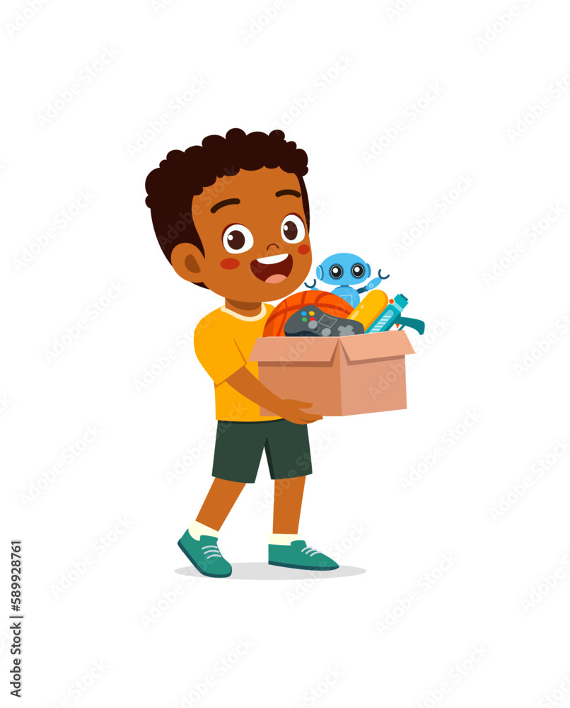 little kid standing and holding a box full of toys for donation little kid standing and holding a box full of toys for donation