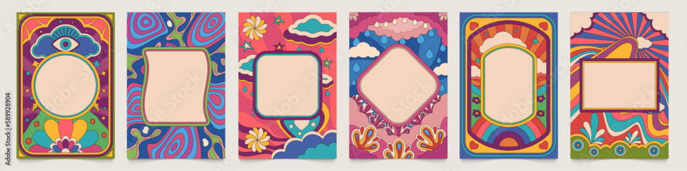Retro psychedelic frames. Abstract colorful flyer layout with liquid shapes and place for text, backdrop wallpaper cover. Vector set - obrazy, fototapety, plakaty 