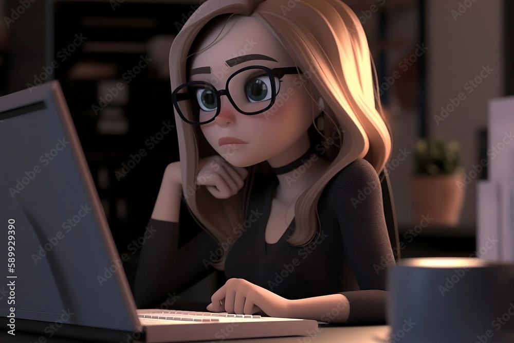 Online Businesswoman. Cartoon Illustration of a Woman Working on a Laptop Online Businesswoman. Cartoon Illustration of a Woman Working on a Laptop