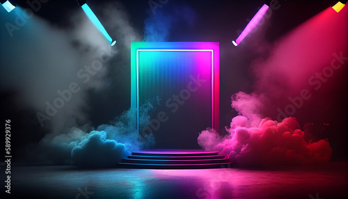 Neon empty stage with smoke and spot light. stage background  Ai generated image