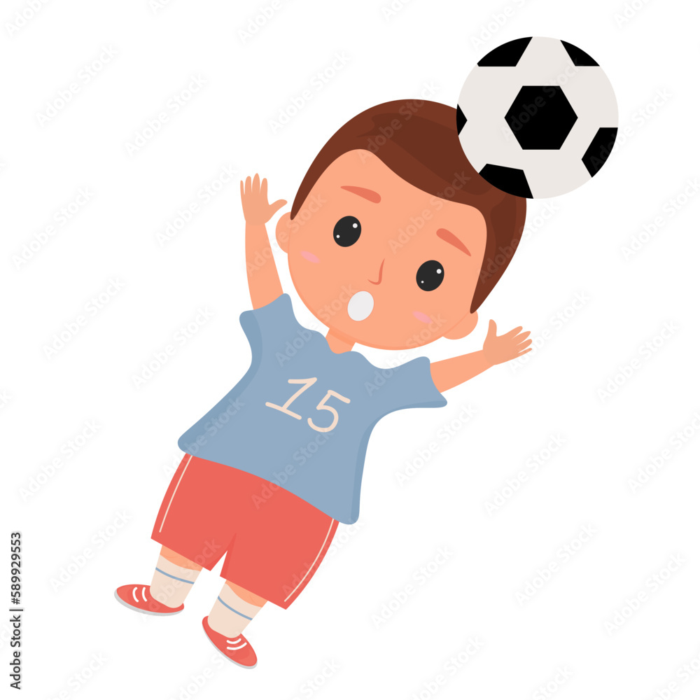 a young football player catches a ball. a boy in a sports uniform is playing football. vector