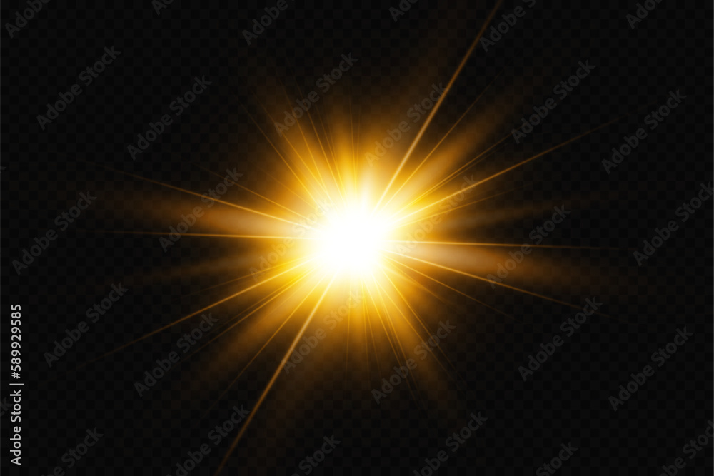 Golden particles of light. Golden light. Light flare.Stars isolated on transparent background.