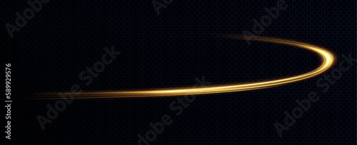 Golden glowing swirl. Light speed motion effect. Light trail. Shiny wavy path. Vector.