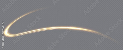 Golden glowing swirl. Light speed motion effect. Light trail. Shiny wavy path. Vector.