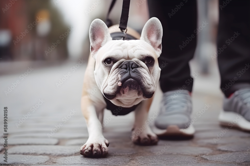 Man walking with a dog in a city,closeup on dog, ai generative illustration