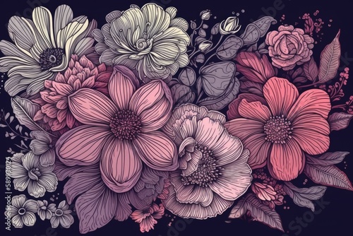 colorful bouquet of flowers on a dark background. Generative AI