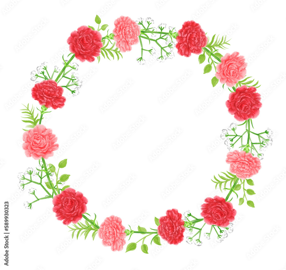 Round frame of carnations and gypsophila painted with digital watercolor
