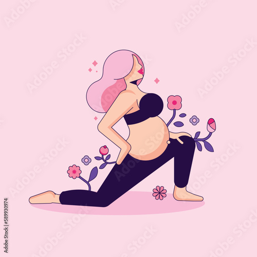 The Pregnant Girl stands in Vrikshasana Tree Pose. Minimalistic Geometric Woman. Floral Background. Balancing Asana. Yoga Exercise. Flat cartoon vector illustration with stroke.