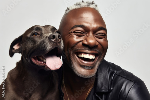 Studio portrait of mature stylish joy filled black man laughing with his dog beside him.  Generative AI.  photo