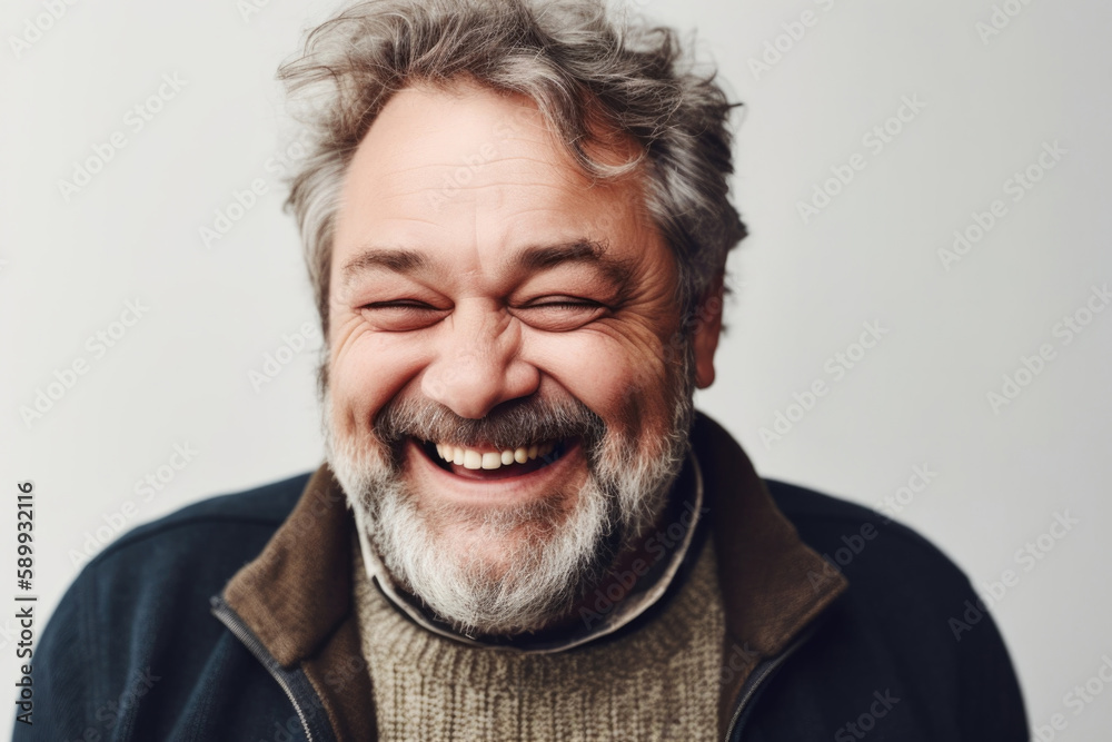 Studio portrait of mature man with grey hair laughing, studio shot. Generative AI. Studio portrait of mature man with grey hair laughing, studio shot. Generative AI.