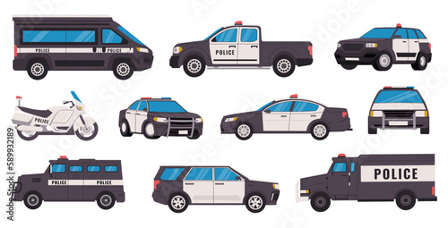 Police vehicles. Security car with siren, policeman van suv truck transport for protection and rescue, urgency patrol machine icons. Vector flat set