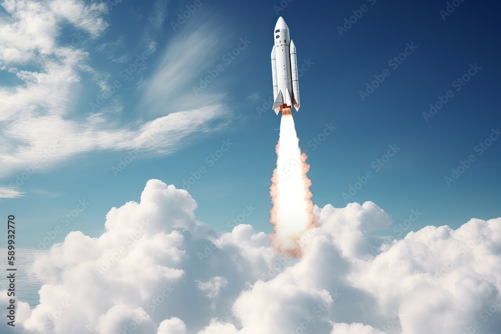 space rocket flying to the clouds