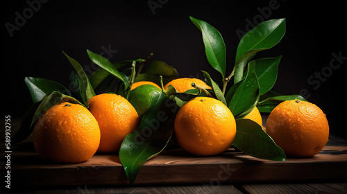 A wooden table displays fresh oranges with leaves. generative ai