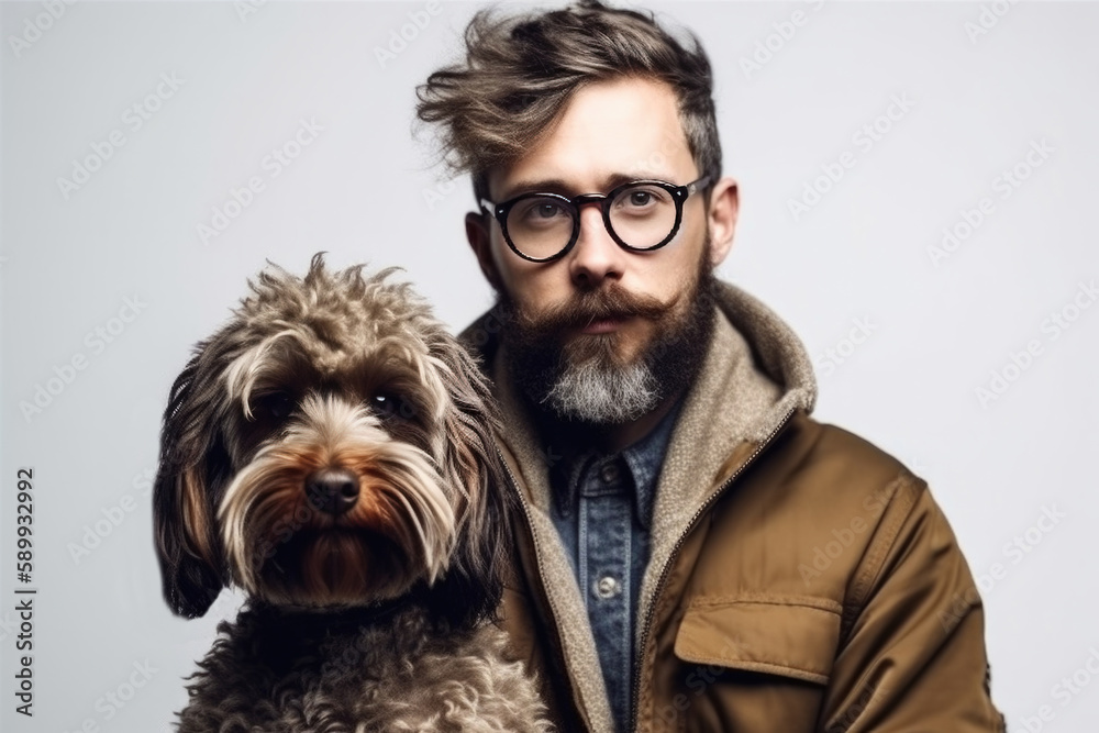 Studio portrait of young stylish man and his labradoddle dog, they look like each other. Generative AI. Studio portrait of young stylish man and his labradoddle dog, they look like each other. Generative AI.