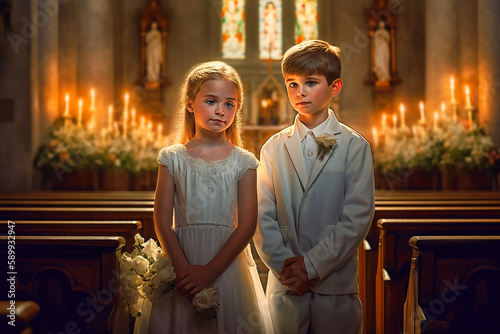 Praying couple of children in front of altar in church. AI generativ.