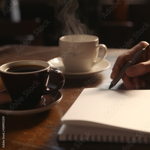 Writing with notepad during your cup of morning coffee. 