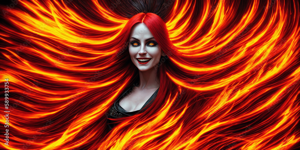 Witch woman with flaming flying red hair and glowing green eyes in black dress on a dark background. Illustration with smiling girl with a burning hairdo. Generative AI