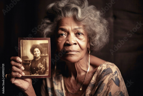 Senior black woman holding up a old photo of herself when she was a younger age. Generative AI.  photo