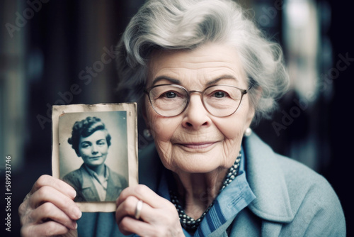 Senior white woman holding up a vintage photo of herself when she was younger.  photo