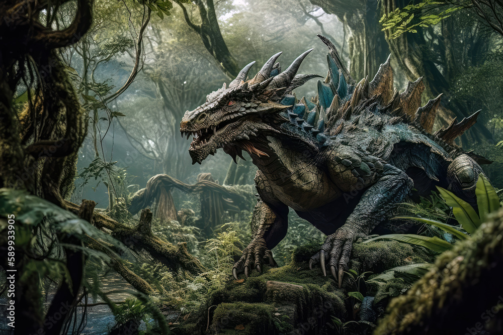 A dragon roams, goes, running, wanders through the jungle, good scene in the bush, woods, moss ferns lie around, Generative AI, AI. A dragon roams, goes, running, wanders through the jungle, good scene in the bush, woods, moss ferns lie around, Generative AI, AI.