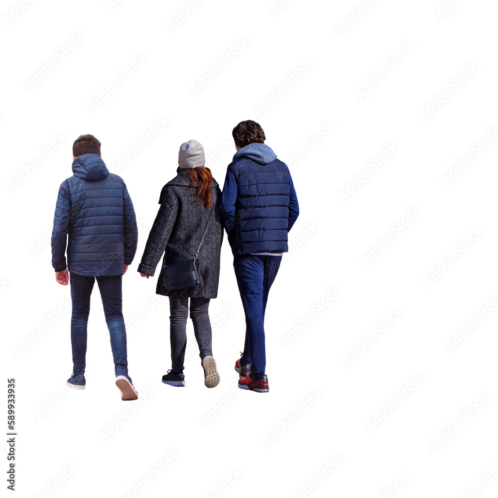 Trois personnes vues de dos sur fond transparent marchant en automne ou hiver deux hommes en doudoune bleue et jean une femme en manteau gris bonnet gris let bottines noires Trois personnes vues de dos sur fond transparent marchant en automne ou hiver deux hommes en doudoune bleue et jean une femme en manteau gris bonnet gris let bottines noires