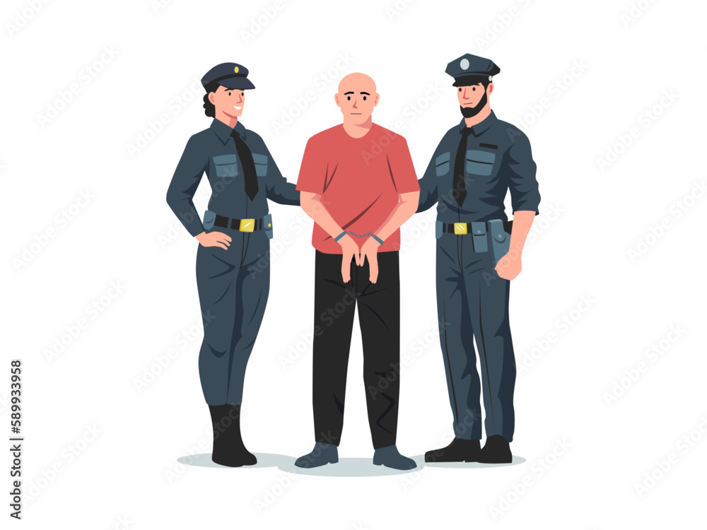 Police arrest. Policeman and policewoman arresting criminal with handcuffs, cartoon detective officers characters in uniform catched thief. Vector illustration