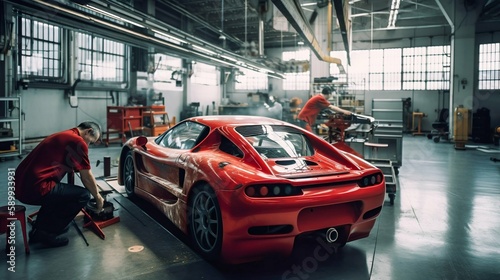 Factory construction engineering works of a modern red sport car in big workshop. Generative AI