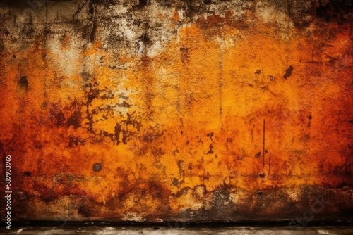 weathered wall with peeling yellow and orange paint. Generative AI