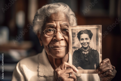 Senior black woman holding up a old photo of herself when she was young.  photo