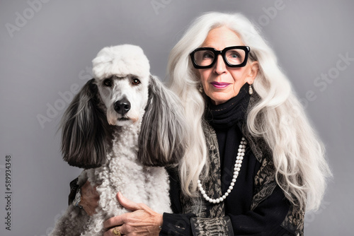 Studio portrait of stylish quirky senior woman with grey hair and her poodle dog. They look alike. Generative AI. 
