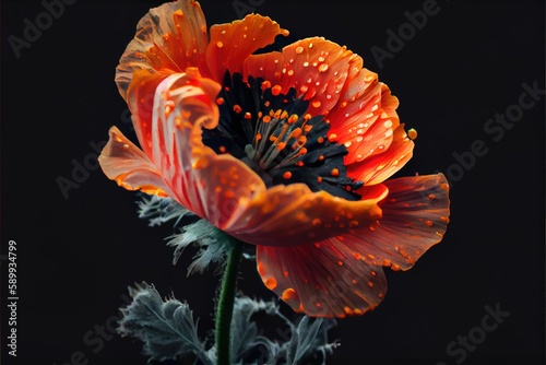 Captivating Beauty of a Poppy Flower Against a Dark, Wet Background