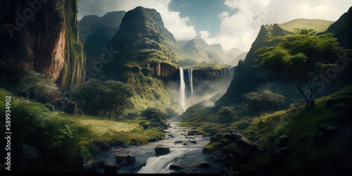 Captivating View of a Lush Green Valley with a Majestic Waterfall