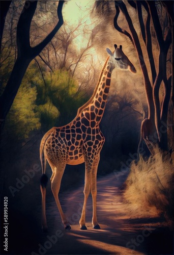 Giraffe Strolls Through Lush Woodland in Serene Scene