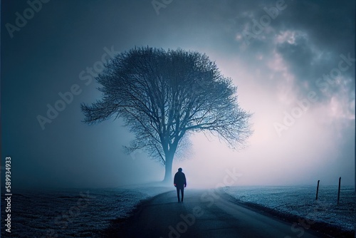Mystical Blue Fog Surrounds Lone Walker on Road