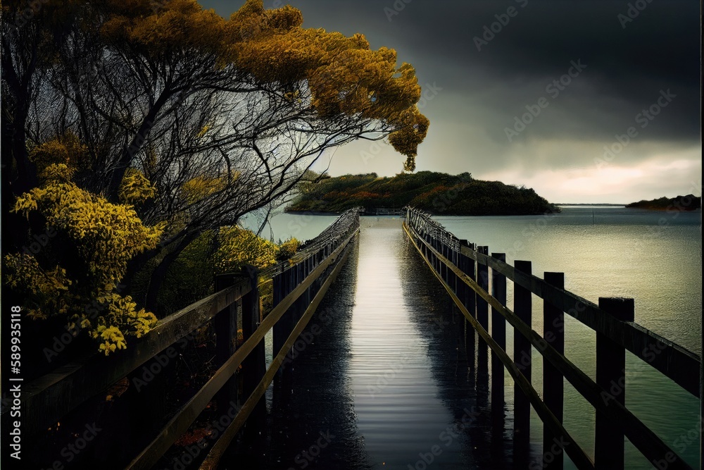 Scenic Bridge Spanning a Serene Body of Water in Vibrant Green and Yellow