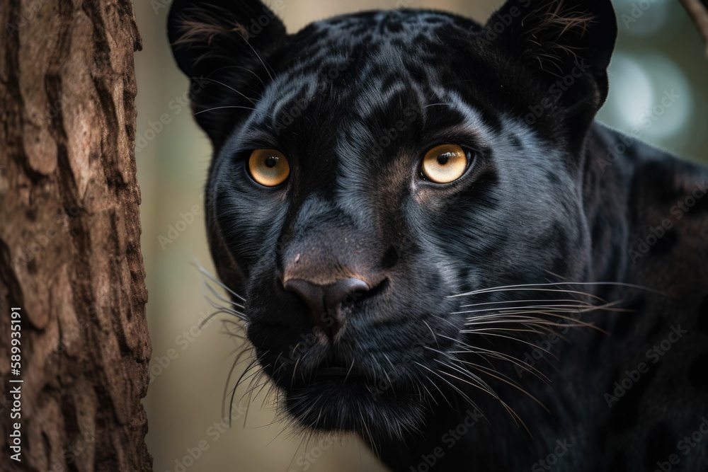 Intense Gaze of a Black Panther Peeking Through Trees