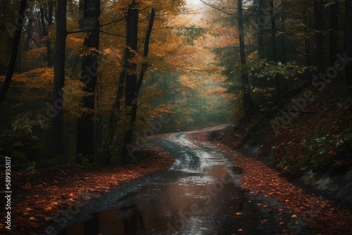 A Serene Drive through a Rainy Forest on a Winding Road © Arnolt