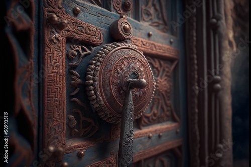 Ancient Wooden Door with Intricate Carvings and Weathered Texture