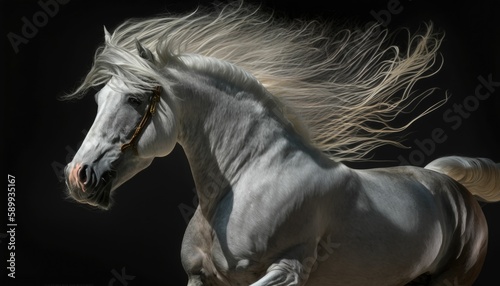 Stunning Stallion Captured in Mid-Stride with Flowing Mane and Tail under Glowing Sunlight
