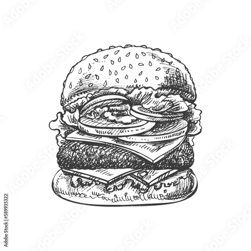 Hand-drawn sketch of great delicious sandwich, burger, hamburger isolated on white background. Fast food vintage illustration. Element for the design of labels, packaging and postcards.