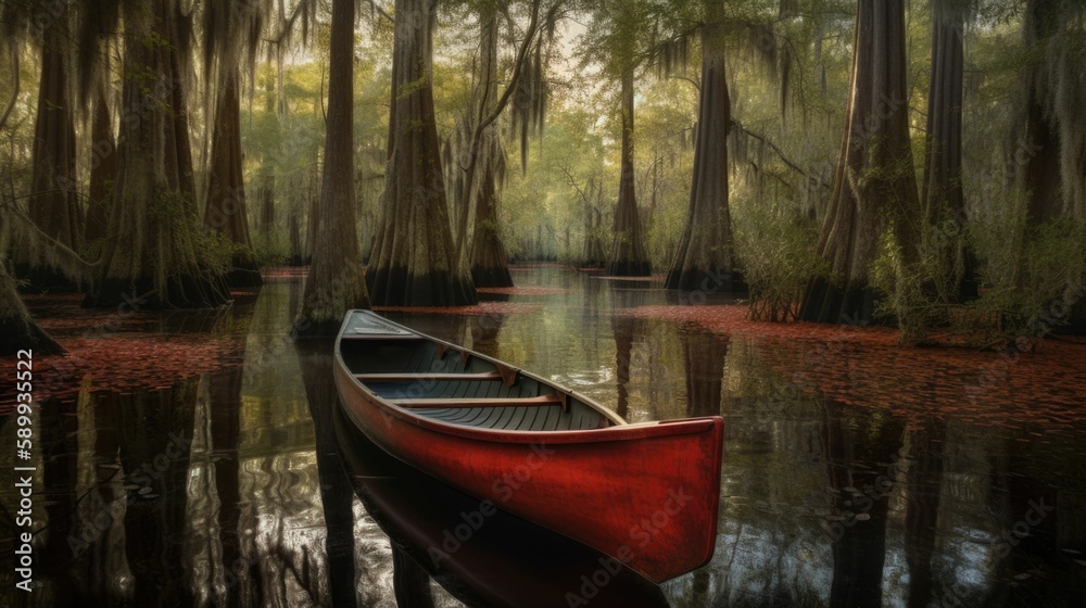 Cypress Trees at Caddo Lake with a Red Canoe in the Background: A Serene Nature Scene