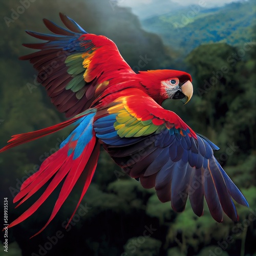 Captivating Landscape with Majestic Red Parrot in Flight