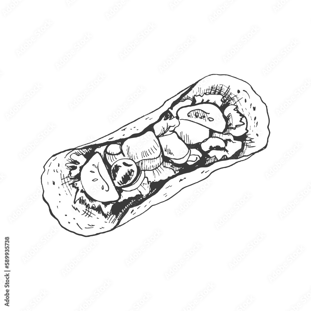 Taco top view. Hand-drawn sketch of taco on white background. Fast food vintage illustration. Element for the design of labels, packaging and postcards. Taco top view. Hand-drawn sketch of taco on white background. Fast food vintage illustration. Element for the design of labels, packaging and postcards.