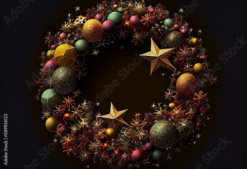 Fotografie, Obraz A festive wreath design with stars and orbs on a transparent background, in 3D rendering PNG format
