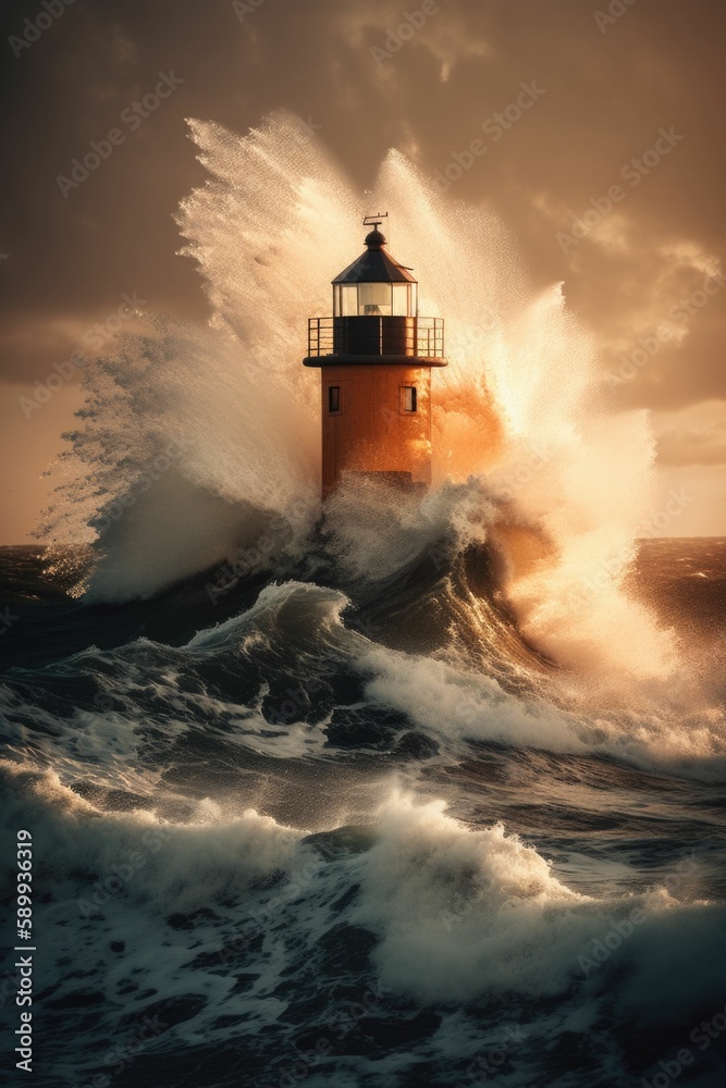 Captivating Hyperrealistic Depiction of a Lighthouse Battling a Massive Wave