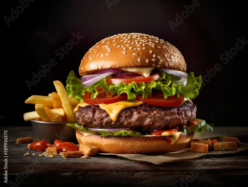 Saftiger Cheeseburger, Hamburger, mit Pommes im Studio Fotografiert, generative AI