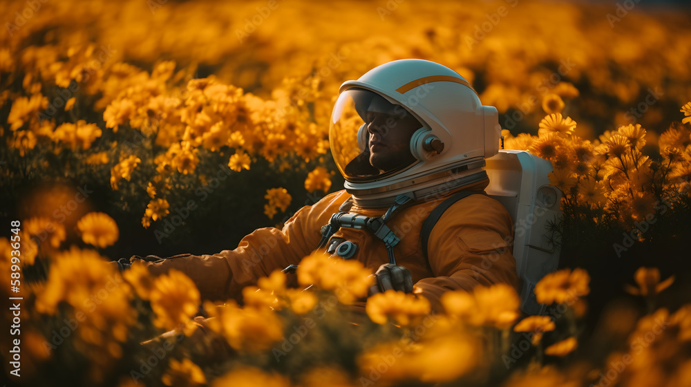 Yellow Dreams: An Astronaut's Peaceful Escape in a Field of Yellow Flowers