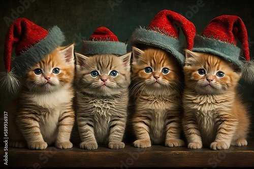 cute kittens in christmas gnome hats. Christmas holiday concept and greeting card. Generative AI